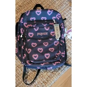 New JanSport Big Student Laptop Backpack -- Dark gray w Happy Hearts Black